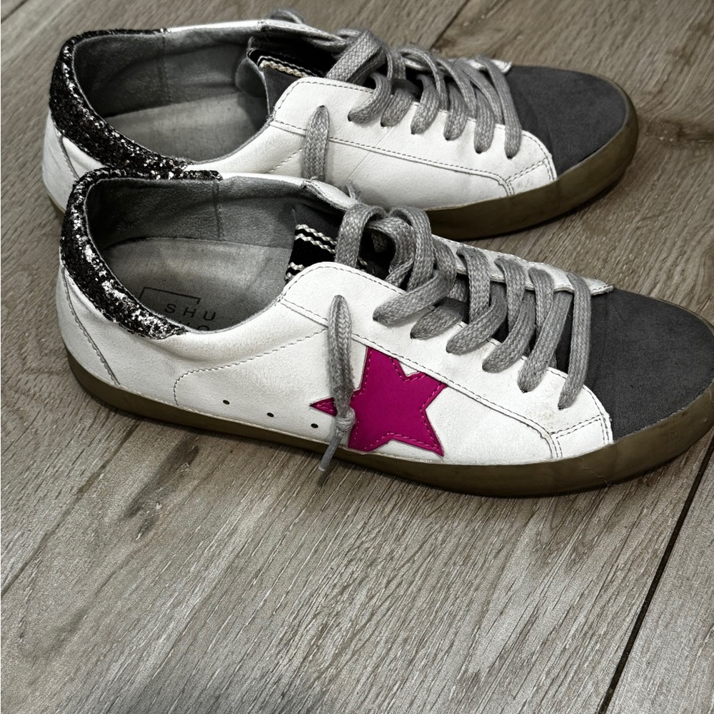 SHUSHOP Paris Pink Star Sneakers Glitter Heel Distressed Golden Goose Style - Picture 3 of 6